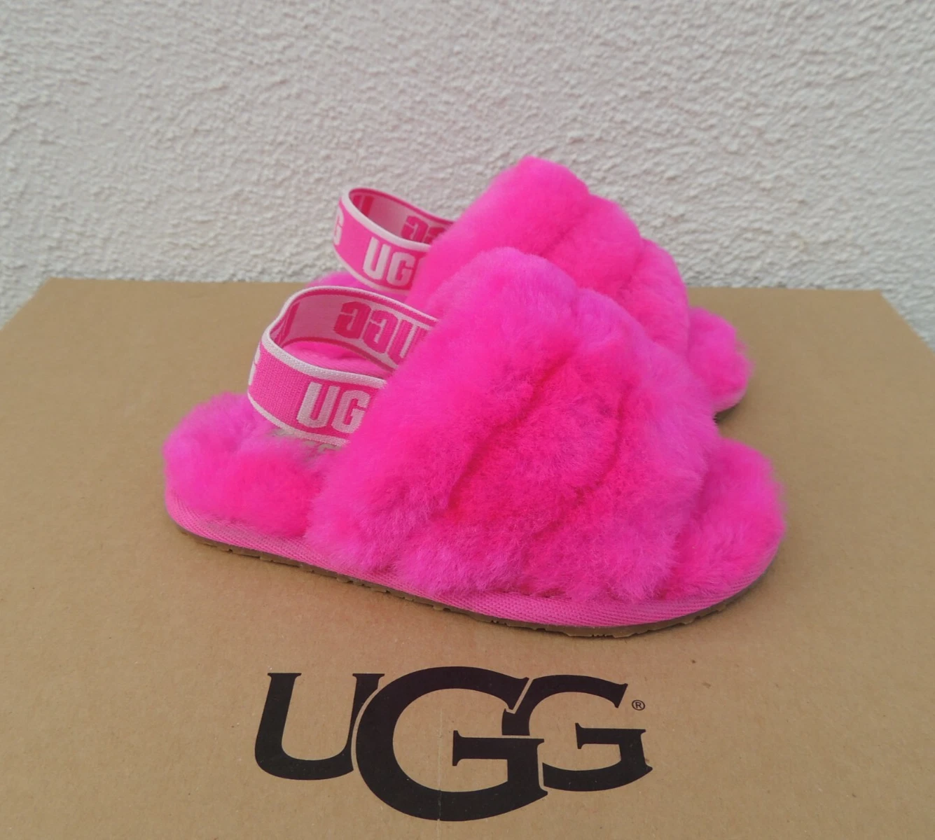 SANDALI UGG ROCK ROSE FLUFF YEAH SLIDE PELLE DI PECORA BAMBINO US 8 EUR 25 ~NUOVI CON SCATOLA