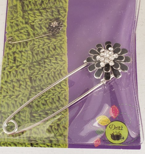 Dritz Scarf Vest Coat Shawl Pin Silver Tone Black & Clear Rhinestone Flower New - Picture 3 of 5