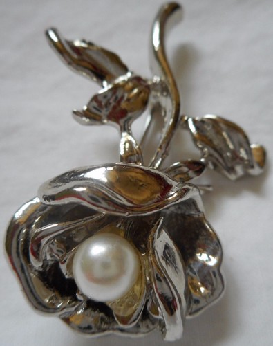 LUPITA HAPACHICO Vintage Años 70 Broche Prendedor Dije Rosa Flor Plata Perla - Imagen 5 de 5