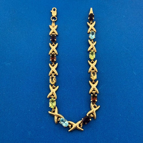 Fabulous Designer 10K Yellow Gold Colorful Multi Gemstone X & O Tennis Bracelet - Picture 4 of 8