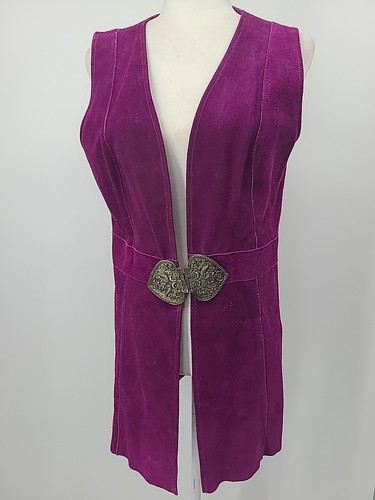 RARE 1960s Vintage Purple Suede Leather Vest Long W. Buckle - Picture 2 of 22