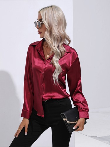 Elegant Women Satin Shirt Solid Color Long Sleeve Blouse Casual Button Down Tops - Picture 31 of 117