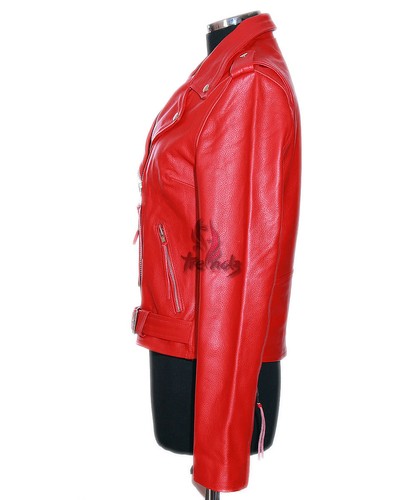 Ladies BRANDO RED Cowhide Biker Style Motorcycle Motorbike Real Leather Jacket - Picture 5 of 13
