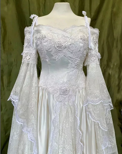 White Vintage Strapless Flower Fairy Long Sleeve Wedding Dresses Sweep Train - Picture 2 of 10
