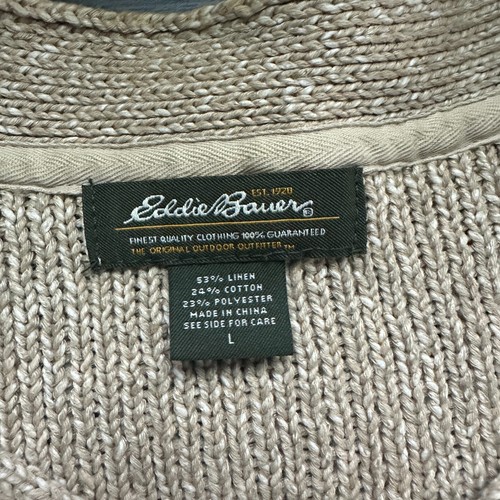 Eddie Bauer Cardigan Women Large Chunky Knit Beige Button Retro Cotton Linen - Picture 5 of 8