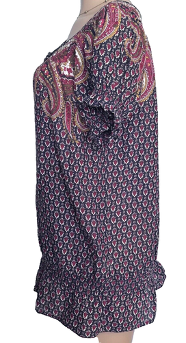 Nine West Jeans Women (L) Paisley Peasant Top  smocking accents front keyhole - Picture 4 of 8