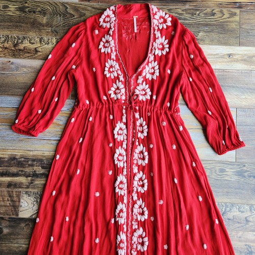 Free People Embroidered Fable Boho Midi Dress 3/4 Sleeve Gauze Red White Sz.S - Picture 14 of 17
