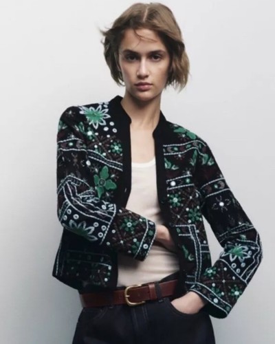 NWT ZARA Boho Mirror Embellished Floral Embroidered Crop Jacket XS Extra Small - Picture 2 of 16