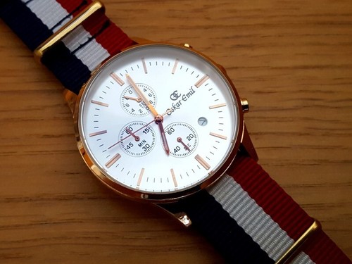 Mens Oskar Emil Jura Gold Striped Preppy Silver Face Chrono Gents Date Watch - Picture 7 of 10