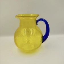 Vintage Art glass pitcher yellow and blue