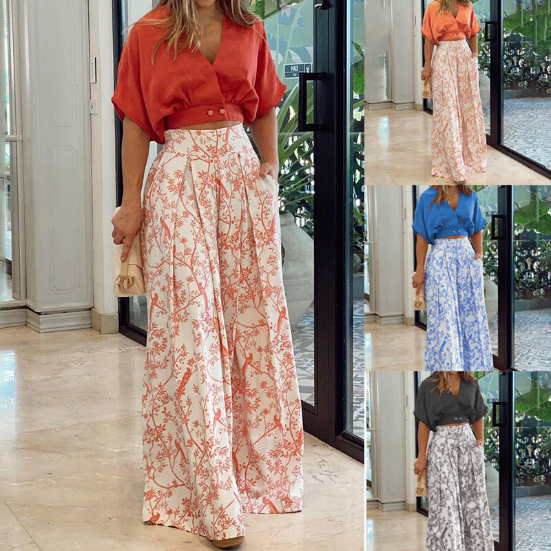 Flared pants suit button chiffon shirt loose print wide leg pants two-piece  set