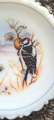 Fenton Hand Painted Birds In Winter Downy Woodpecker Plate Satin Glads MIB Box - Picture 3 of 5