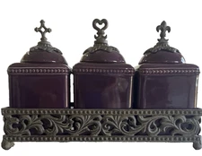 Gracious Goods Acanthus Leaf Collection 3 Burgundy Canister Set Faith Love Hope