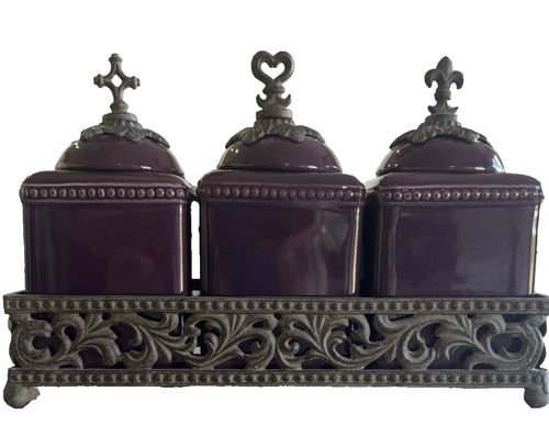 Gracious Goods Acanthus Leaf Collection 3 Burgundy Canister Set Faith Love Hope - Picture 1 of 7