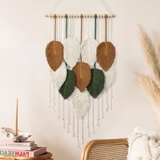 Macrame Wall Hanging Leaves Woven Tapestry, Boho Chic Home 16.5"W x 29.5"L