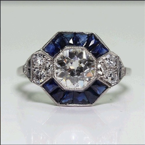 Rings Silver Plated 2.45CT Blue Sapphire Art Deco Engagement Gems Wedding - Picture 7 of 8