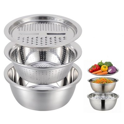 Mixing Bowls Set, 3 In 1 Multifunctional Stainless Steel Basin, Rice Washer S...