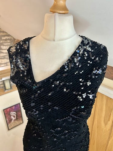 L.K. Vestido Lápiz Bennett Velli Negro Lentejuelas Talla 12 Terciopelo Fiesta Navidad - Imagen 3 de 9