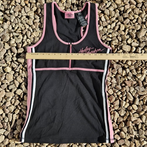 Harley Davidson Womens M Black Tank Top Quarter Zip Pink Logo Built In Bra - Picture 2 of 10