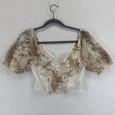 Floral Corset Top Puff Short Sleeve Sheer Overlay White Beige - Size M
