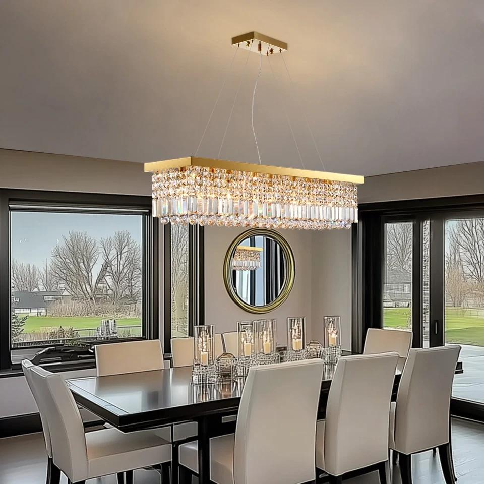 40" Modern Gold Crystal Rectangle Chandelier 8-Light Dining Room Kitchen Pendant - Image 2 of 4