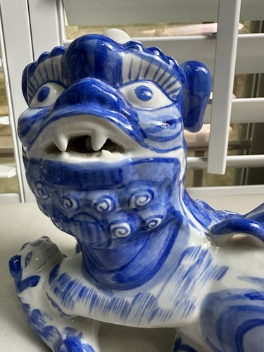 Vintage Mid Century 1960s Foo Dogs Pair Blue & White - Picture 5 of 16
