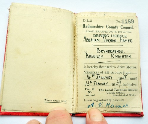 VINTAGE 1930s DRIVING PERMIT: ABRAHAM HAMER: ABBEYCWMHIR KNIGHTON RADNORSHIRE - Picture 4 of 6