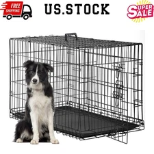 48" Folding Dog Crate (Black) w/ Double Door, Divider, & Leak-Proof Tray