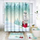 4 Pcs Shower Curtain Set Christmas Cute White Owl Sitting with Non-Slip Rugs ...