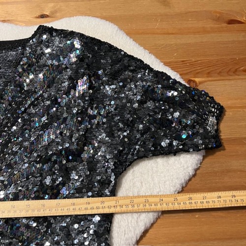 D.G Damen schwarz Pailletten Glitzer Kurzarm Party Top 80er Größe Large/XLarge - Bild 11 von 12
