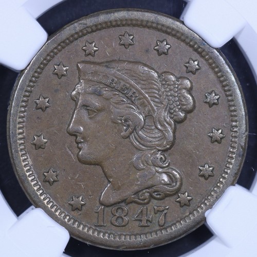 1847 Braided Hair Large Cent - 1c NGC XF45 BN - Brown - Picture 3 of 4