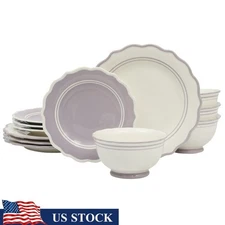 12 Piece Dinnerware Set Ceramic Scalloped Edges Dishwasher Microwave Safe Dining
