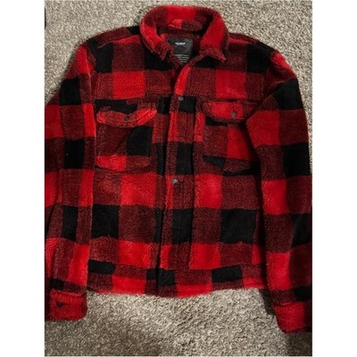 Pull&Bear Red and Black Plaid Sherpa Jacket