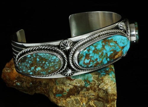 Bracciale Ned Nez Pasqua Blu Ragnatela Turchese Doppio Lato Tre Pietre - Foto 2 di 10