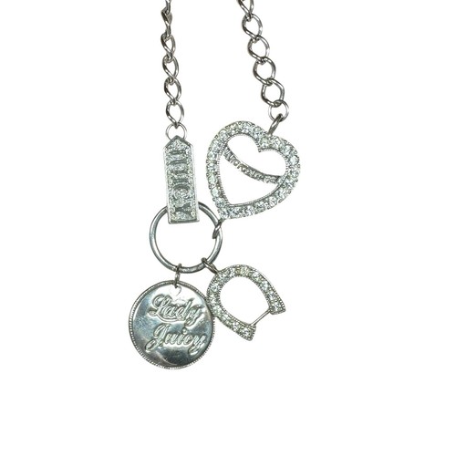 Juicy Couture HEART Necklace Rhinestones Horseshoe Pendant Silver Tone Charms - Picture 7 of 13