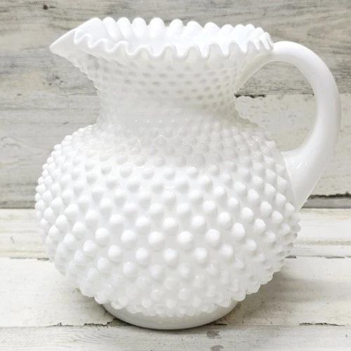 Large Fenton Hobnail White Milk Glass Pitcher 7.75" Tall ~ 7" Wide