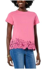 DG2 by Diane Gilman Women Short Slv Jersey Embroidered Tee Rose
