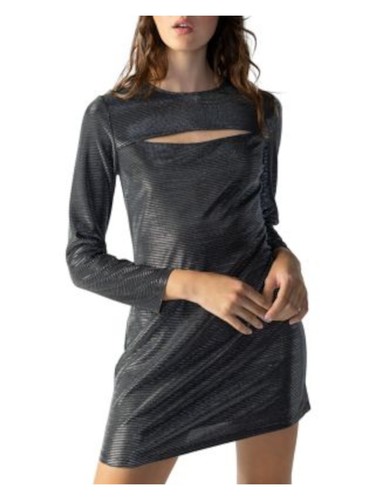 SANCTUARY Womens Silver Lined Long Sleeve Round Neck Short Party Sheath Dress M - Picture 8 of 9