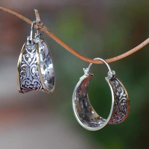 Pendientes de aro artesanales hechos a mano con acento de oro de plata de ley de Bali Indonesia - Imagen 4 de 12