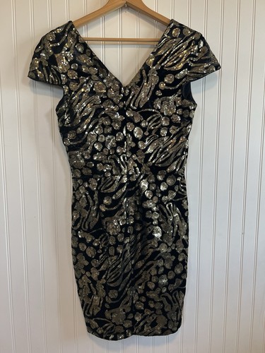 DRESS THE POPULATION Zoe Sequin Mini Dress Large Gold Sequin Black Velvet - Picture 8 of 11