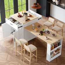 Freestanding Kitchen Island Breakfast Bar with Extendable Table, 2 Drawers,Doors