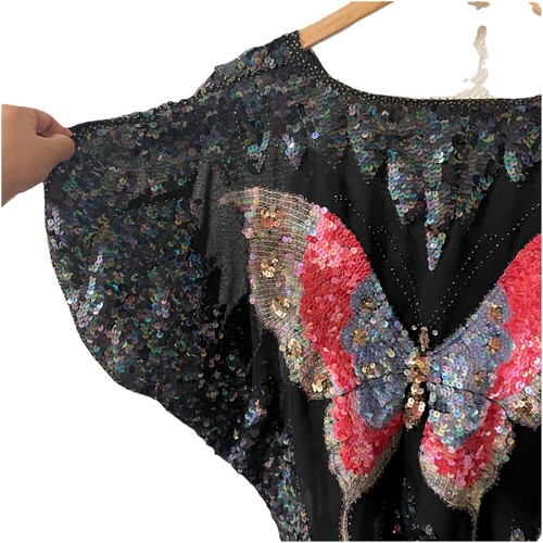 Sequins Beaded BUTTERFLY Top Black Coral Size L - Picture 7 of 8