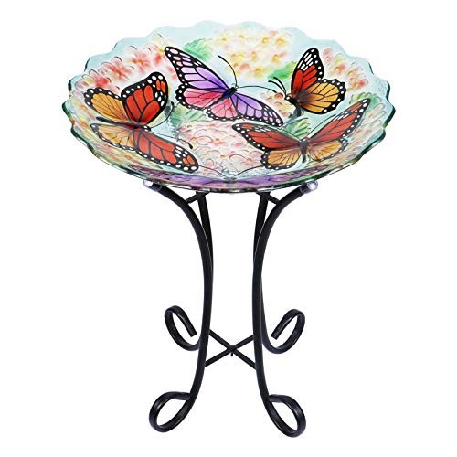 Glass Bird Bath Outdoor with Metal Stand for Lawn Yard Garden Decor butterfly - Bild 3 von 7