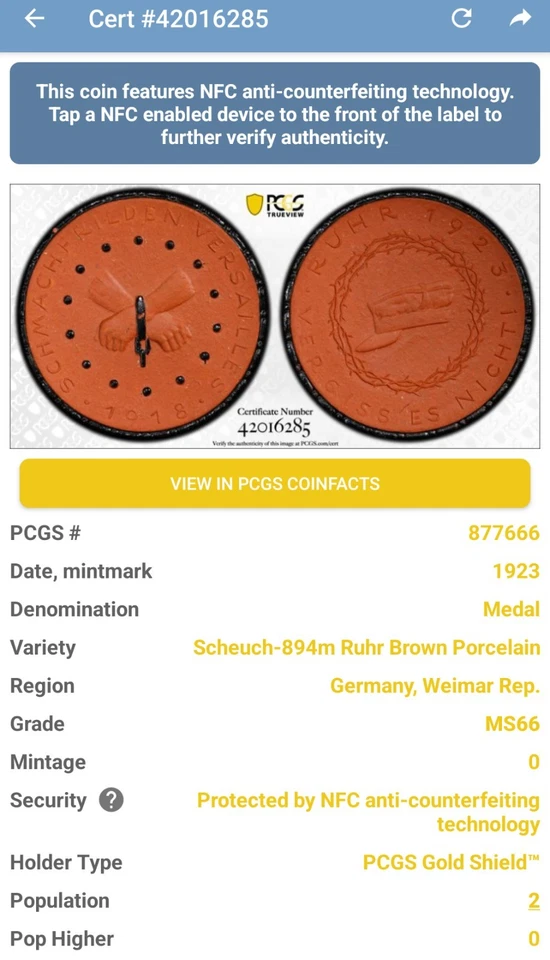 1923 Germany Weimar Republic Porcelain Medal ~ Scheuch 894m Ruhr ~ PCGS MS66 - Image 2 of 4