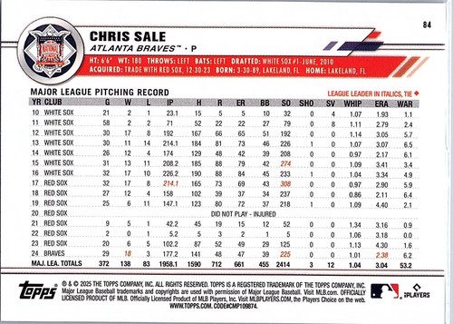 2025 Topps All Star Game - Chris Sale #84 - Picture 2 of 2