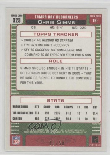 2006 Topps Total Total Black /50 Chris Simms #323 - Picture 2 of 3