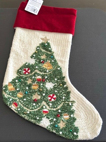 POTTERY BARN Holiday Icons Crewel Ivory Christmas Tree Stocking New with Tags - Picture 9 of 9