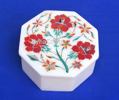 Carnelian Stone Inlay Work Trinket Box Octagon White Marble Cosmetic Box - Picture 2 of 5