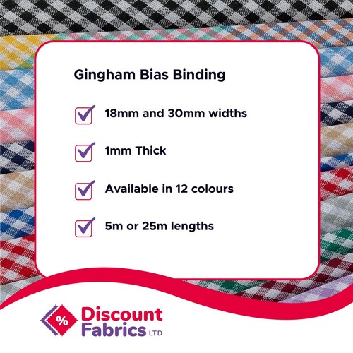 18mm wide Gingham Bias Binding Tape 5m & 25m Edging for Sewing, Bunting, Craft - Picture 58 of 64
