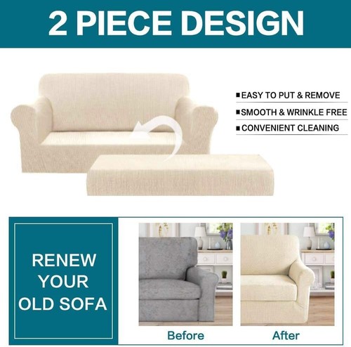 Stretch Jacquard 2-Piece Washable Sofa Covers in Biscotti Beige - Perfect Fit - Picture 5 of 10